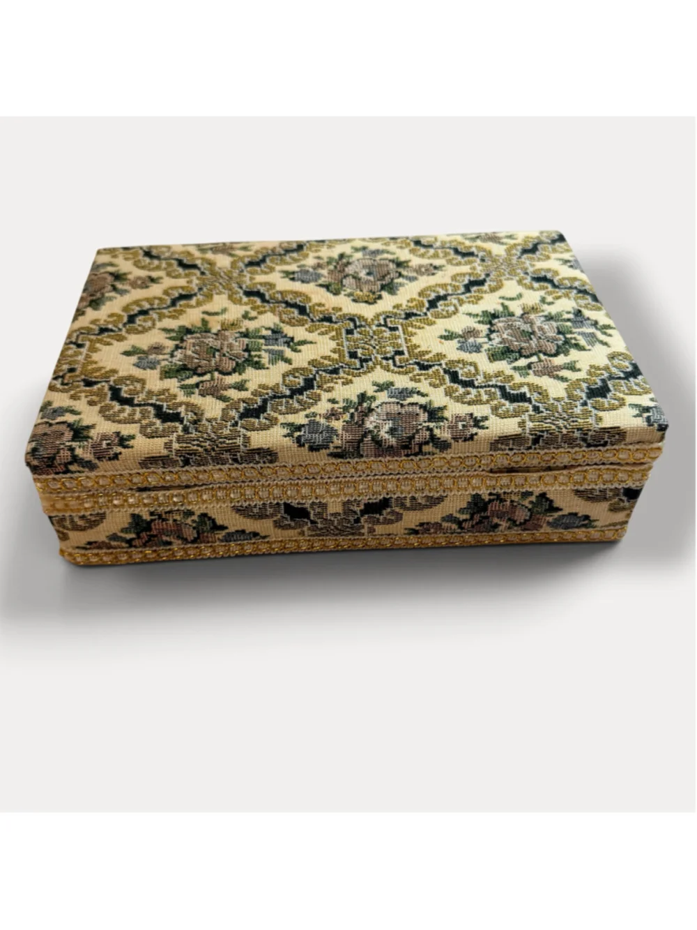 Vintage Floral Tapestry Jewelry Box Red Velvet Interior Mirror Gold Trim